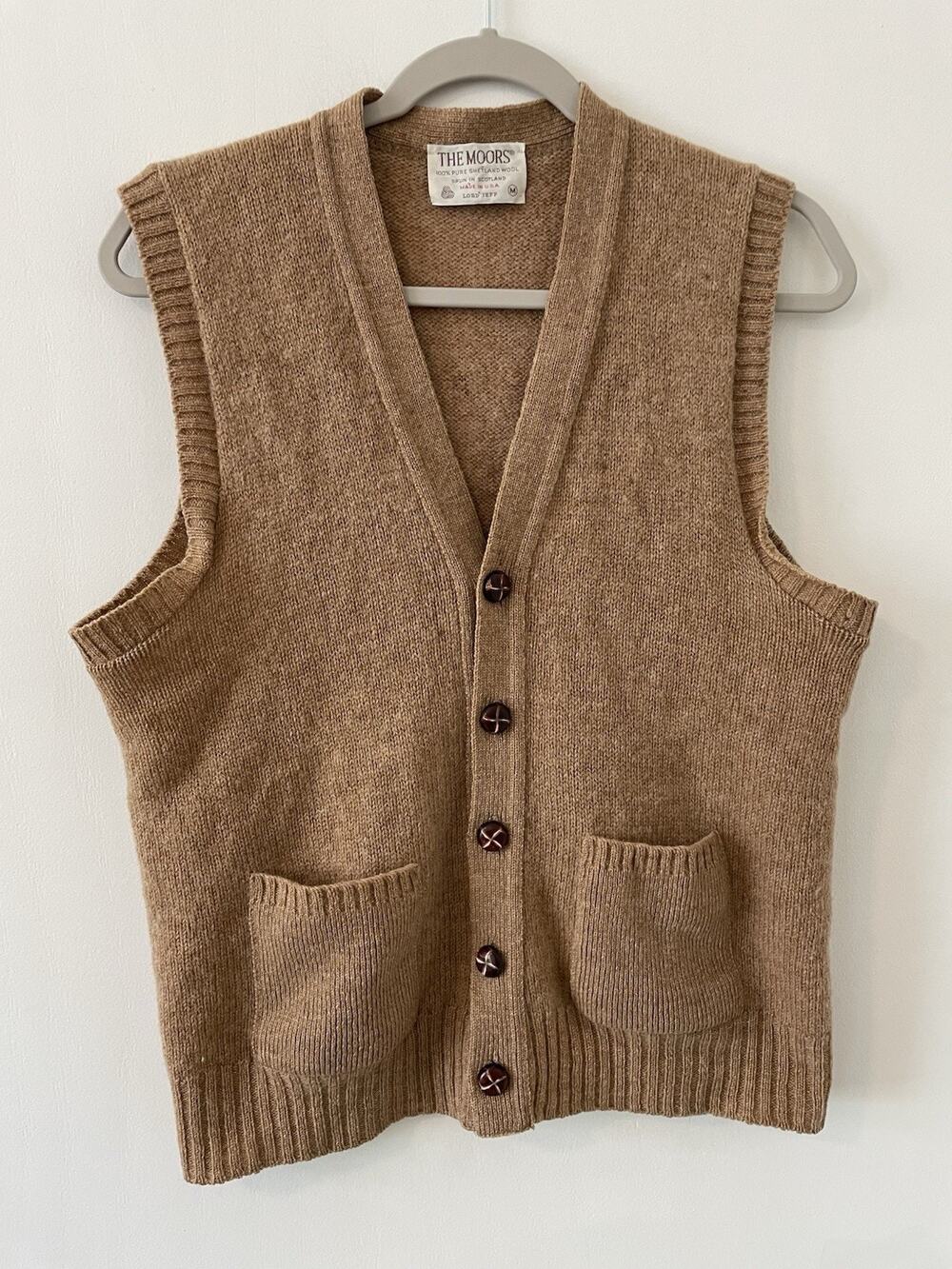 Vintage Lord Jeff The Moors Shetland Wool Sweater Vest Cardigan Tan Mens Medium